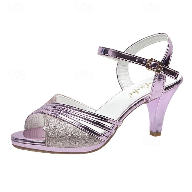 - Women's Heel Straps Sandals Mid Silver Glitter with