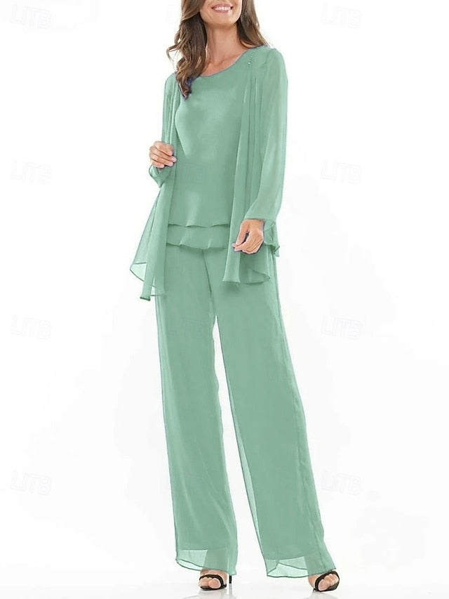 Piece Pantsuit Elegant of Crew Bride Mother 3 the Dress Neck