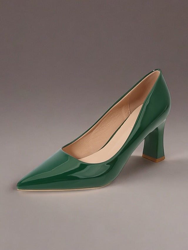 Pumps Patent Faux Pointed-Toe Heel Glossy Leather Green Block