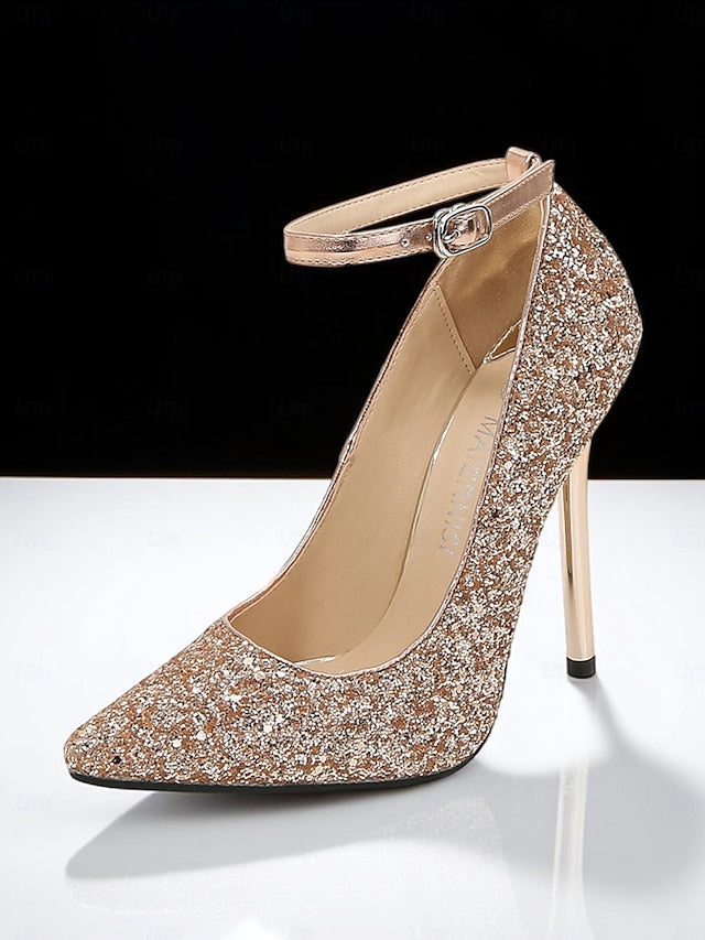 Gold – Pointed Sparkly Stiletto Heels Glitter Women's Toe