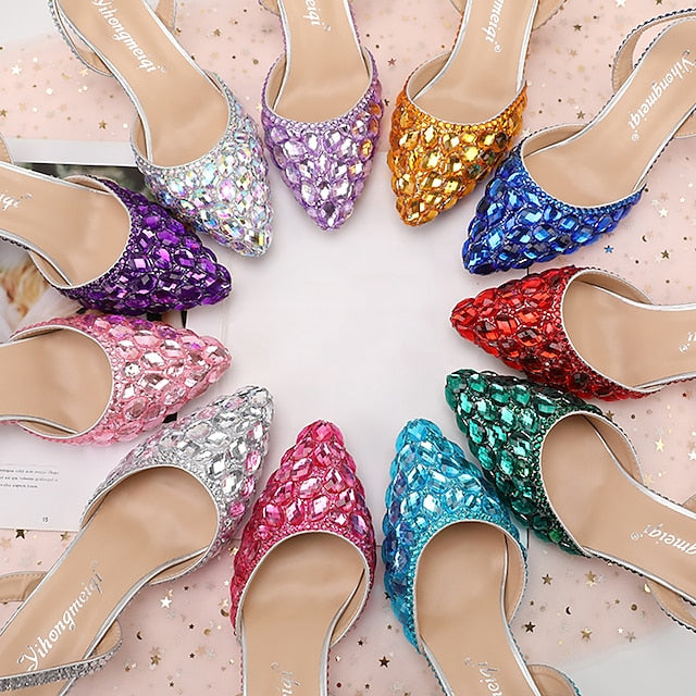 Crystal Pointed-Toe Rhinestone Slingback High Heels Women's