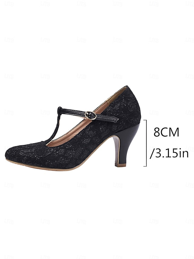 Lace Heel Ivory Mid T-Strap Women's Pumps-1920s Vintage