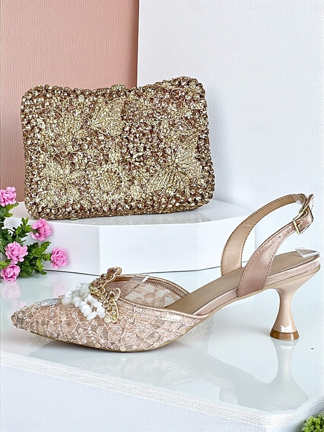 Rhinestone Set Shoes Green Bag - Clutch Heel Women's and