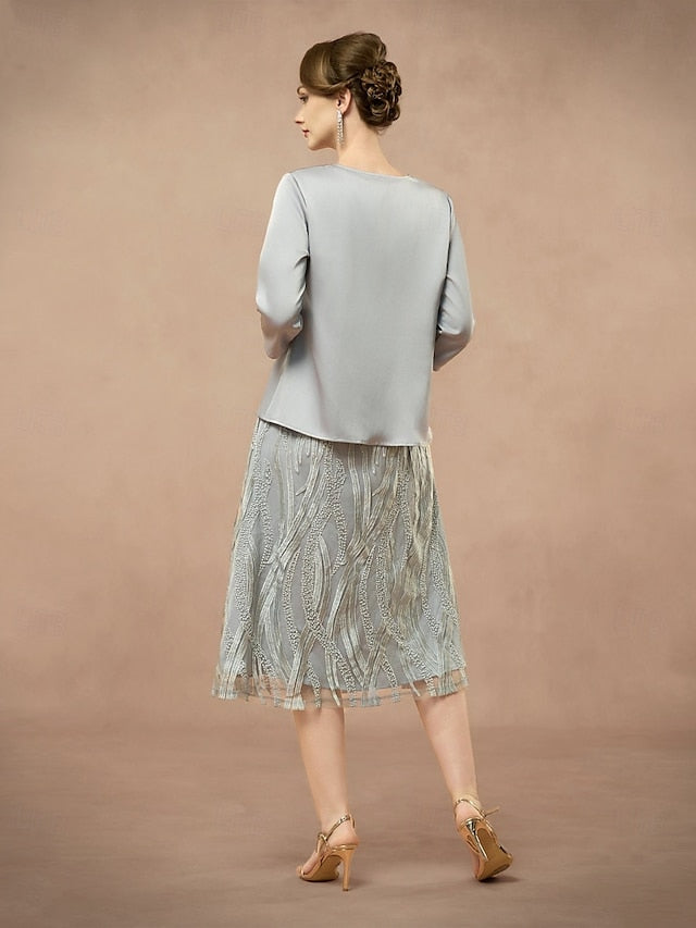 Elegant Pieces the of Mother Two A-Line Dress Neck Bride Jewel
