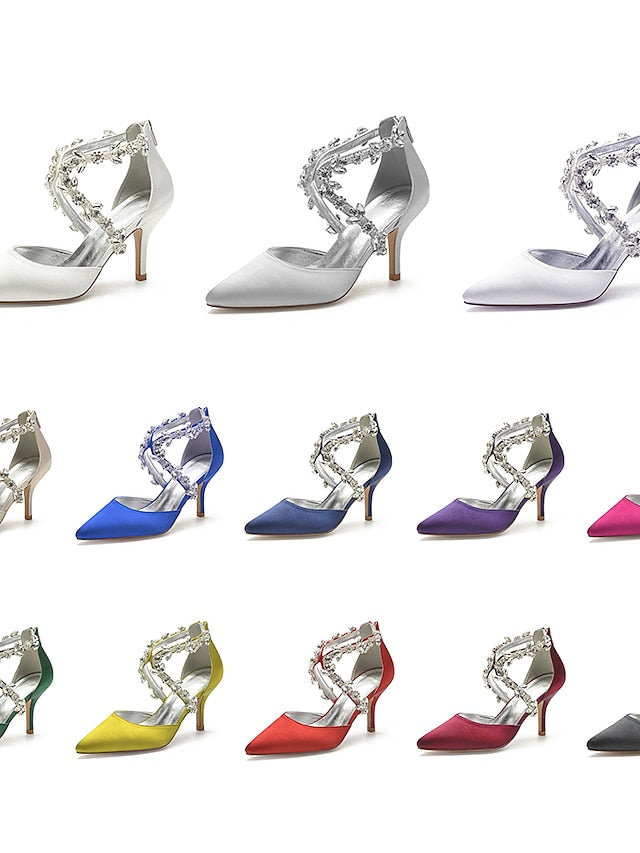 Heels Satin Women's White Pointed Crystal Strap – Elegant