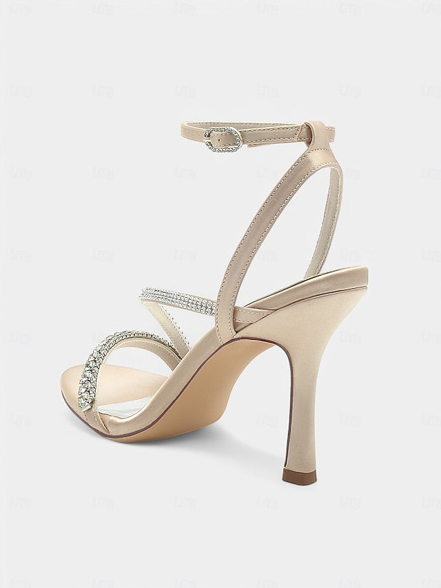 Satin Sophisticated Champagne – Rhinestone Strappy Heels