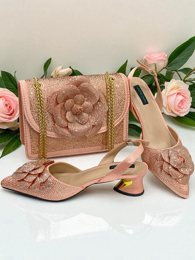 Gold Matching Rhinestone with Pumps Slingback Women's