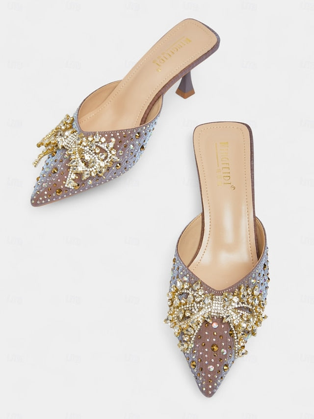 Slip-On Pointed Rhinestone Mules - Glitter Toe Women's