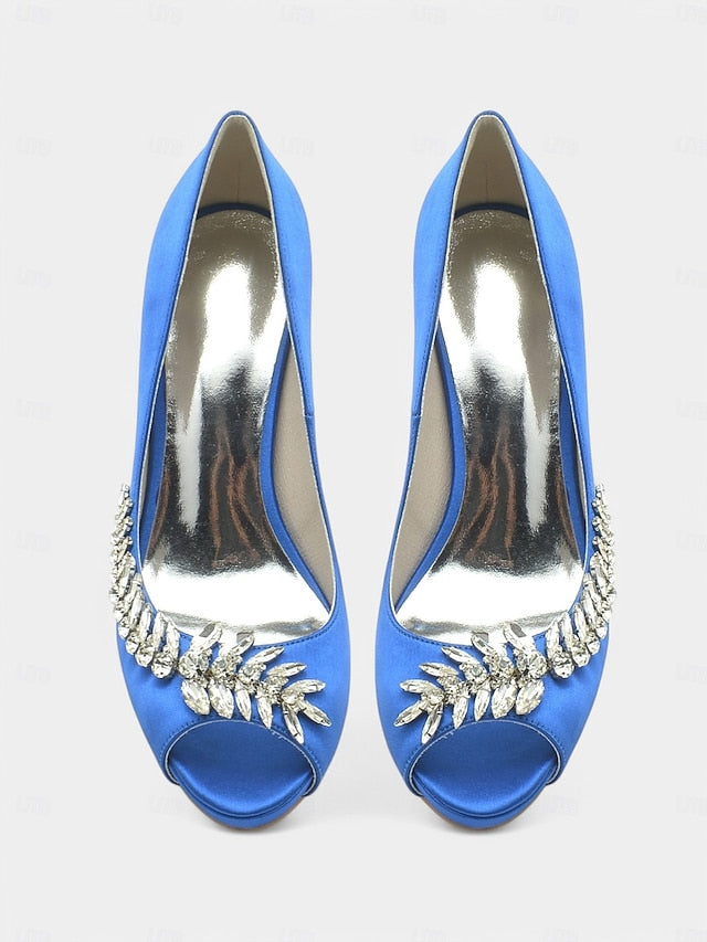 with Crystal Blue Embellishment Luxury Satin Peep-Toe Heels –