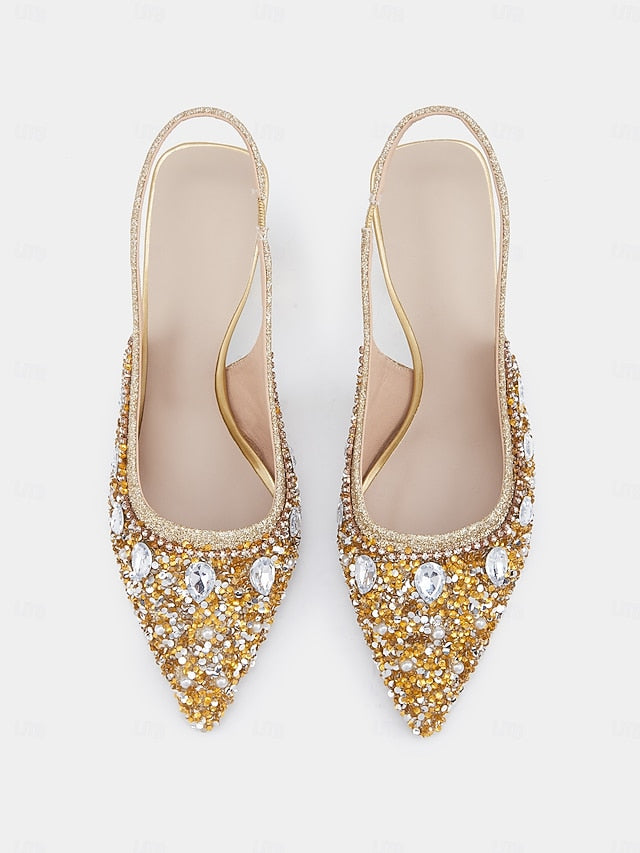 with Slingback Gold Rhinestone Heels Women's Pearl