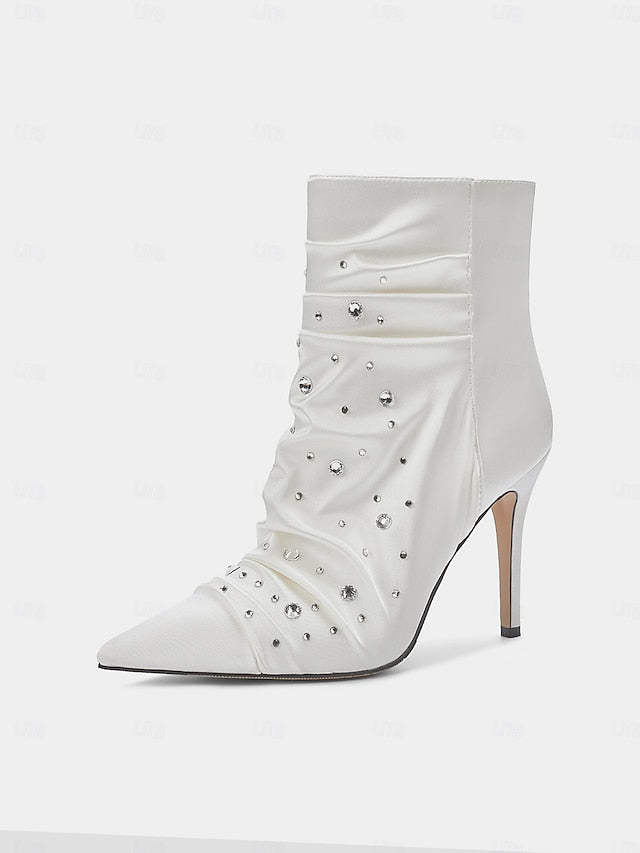 Women's Ankle White Rhinestone Satin with Boots