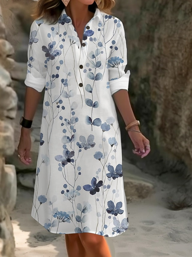 Women's Midi Dress Faux Cotton Linen Shirt Dress Casual