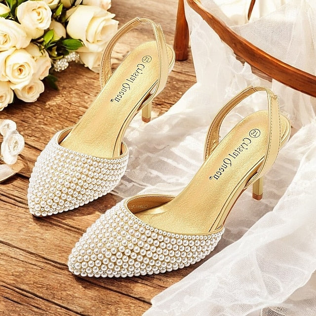 with Pearl Women's Slingback Embellishments White – Heels