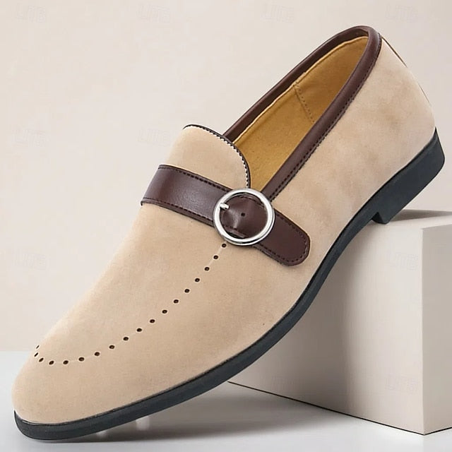 Men's Suede Brown Slip-On with Buckle Faux Strap Loafers