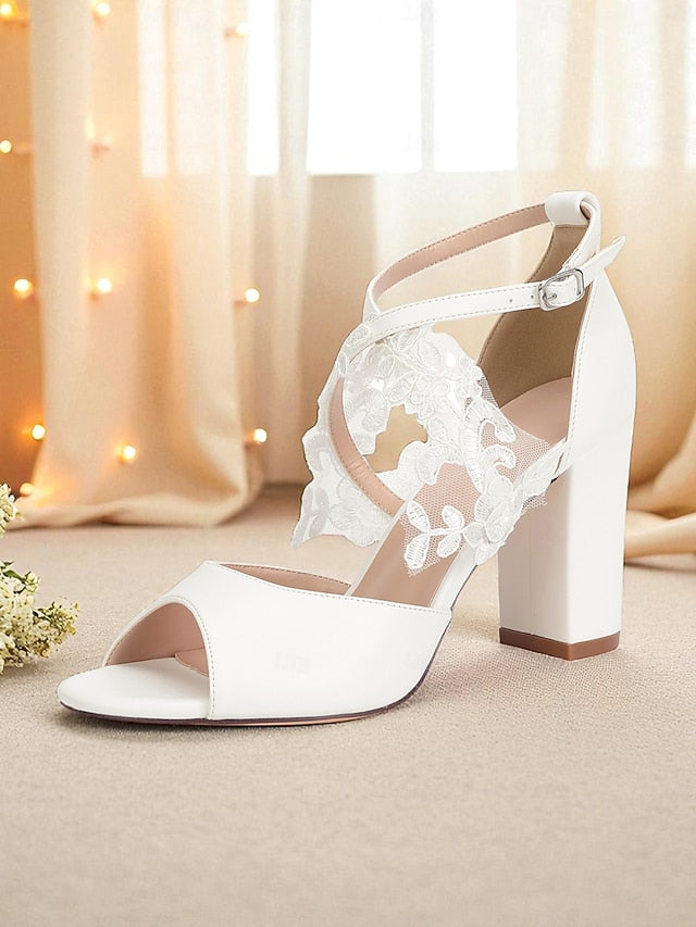 Strap White Lace Heel Ankle Women's Sandals - Block with