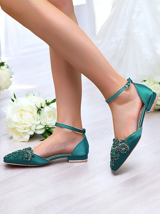 – Gemstone Vintage Pointed-Toe Style Green Embellished Flats