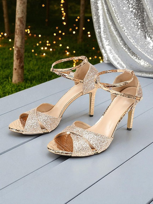 Women's Heel High Silver Glitter Strappy Sandals -