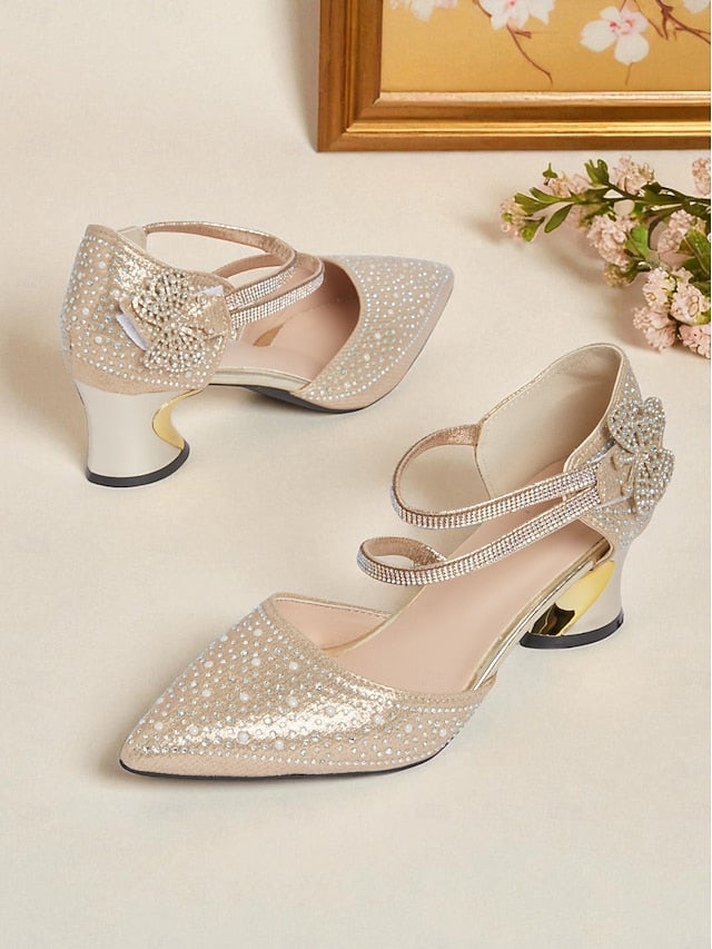 Glitter Ankle Women's Low Rhinestone Strap Heel Pointed Toe