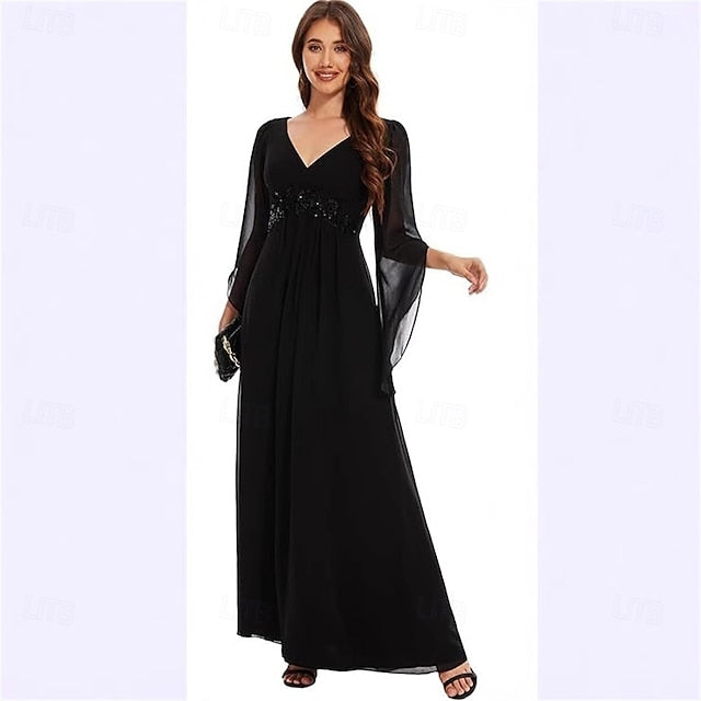 Neck Simple Mother V A-Line Elegant Bride the of Floor Dress