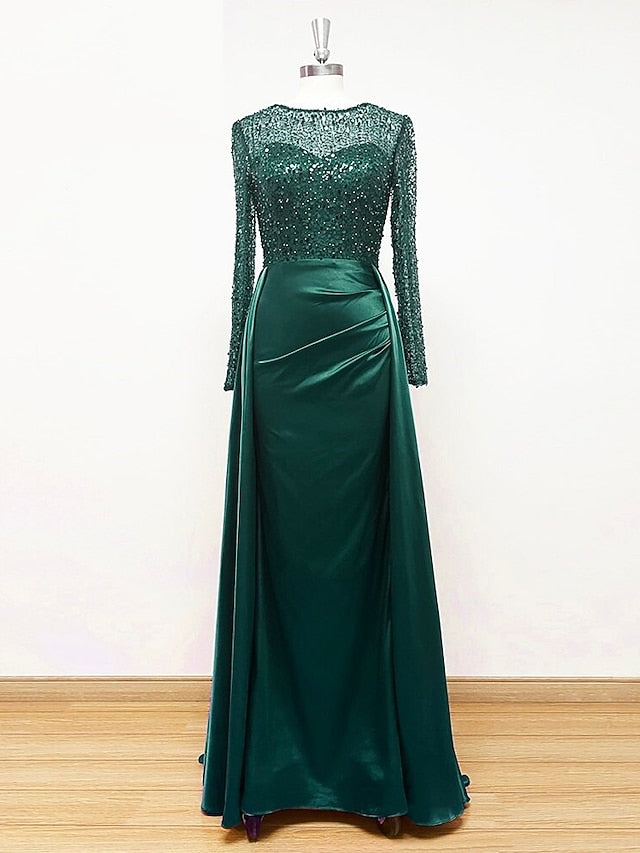 Evening Long Dress Gown Mermaid RuchedSatin Sleeves Sequin