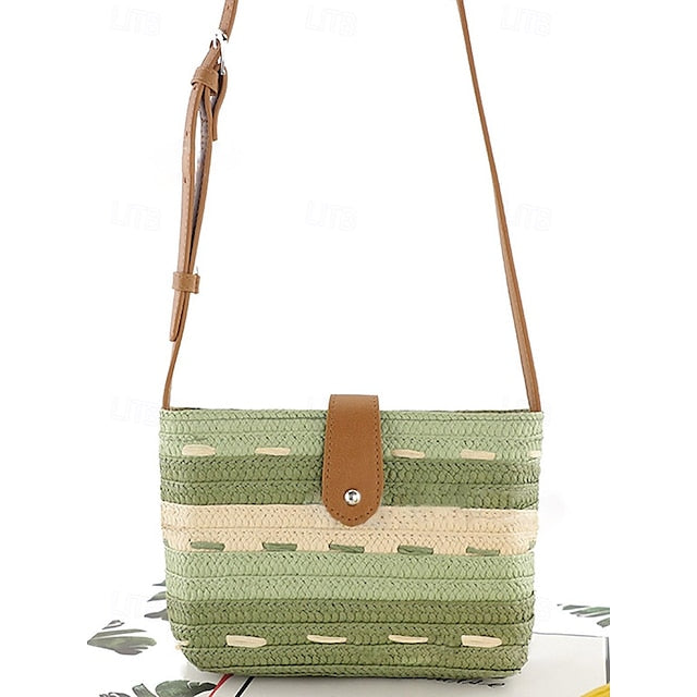 Gestreift mit Tasche Colorblock Damen Stroh gewebt braun Tote