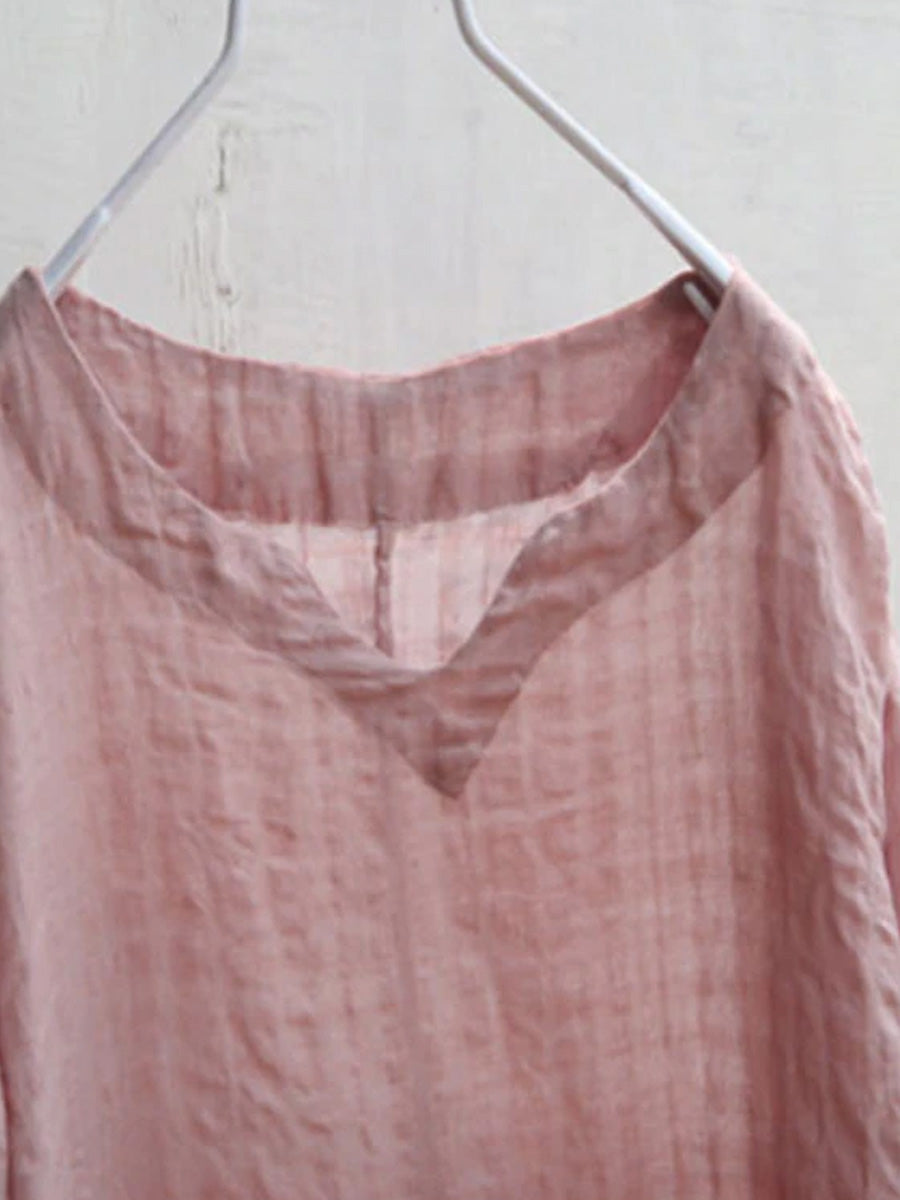 Handgemachtes, lockeres Leinen-Baumwollkleid von Buykud in Übergröße OO1031