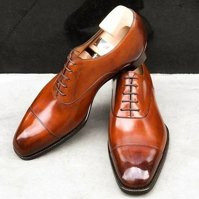 Men's Brown Leather Shoes Faux Classic Oxford Cap – Dress