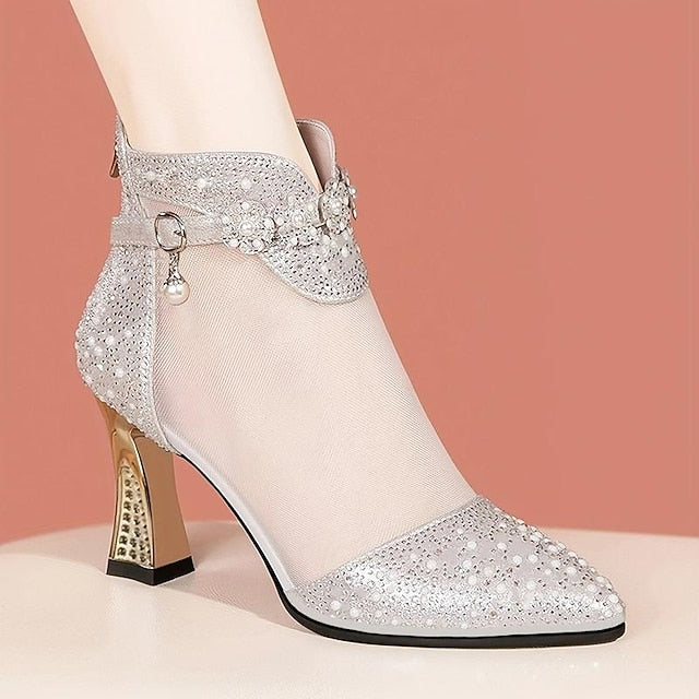 – Golden Women's Boots with Rhinestone Mesh Heels Ankle