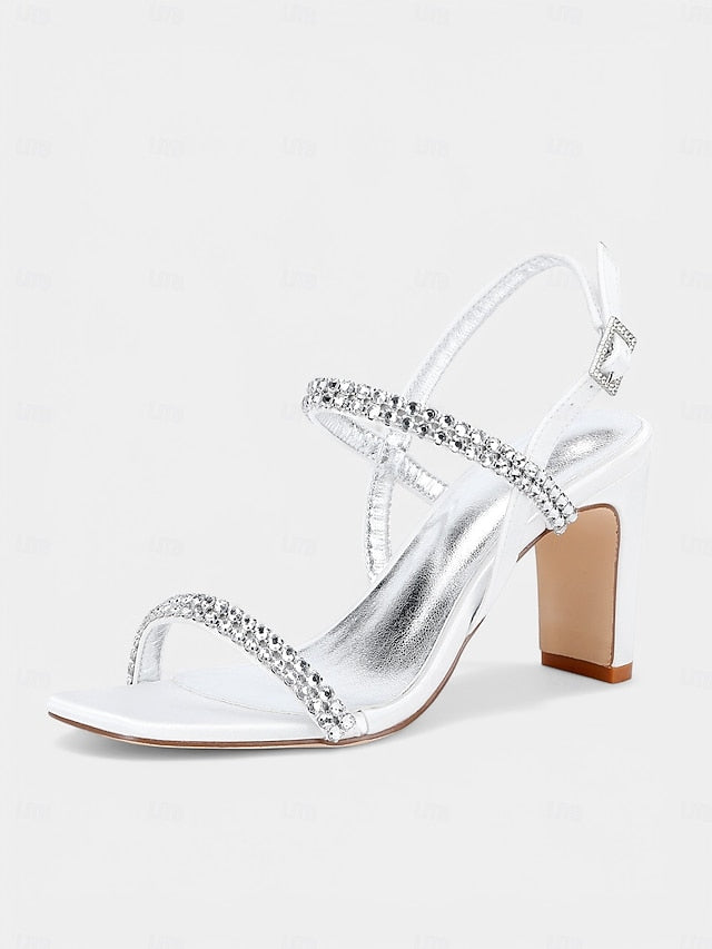 Sandals Prom White Block Rhinestone Women's Bridal – Heel