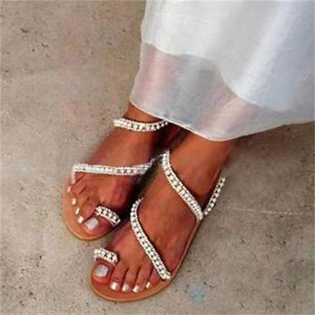 – Strappy Women's Sandals Flat Pearl-Embellished Elegant