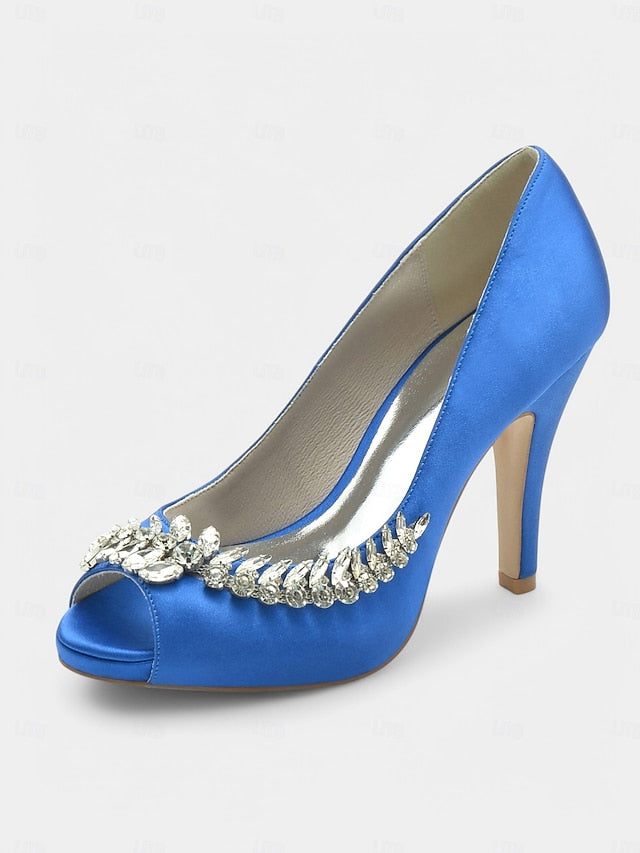 with Crystal Blue Embellishment Luxury Satin Peep-Toe Heels –
