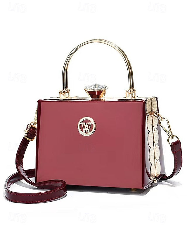 Handbag with Patent Evening Burgundy Gold Women's Leather
