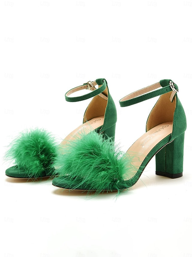 Feather-Embellished – Wedding Heel Block Sandals Women for