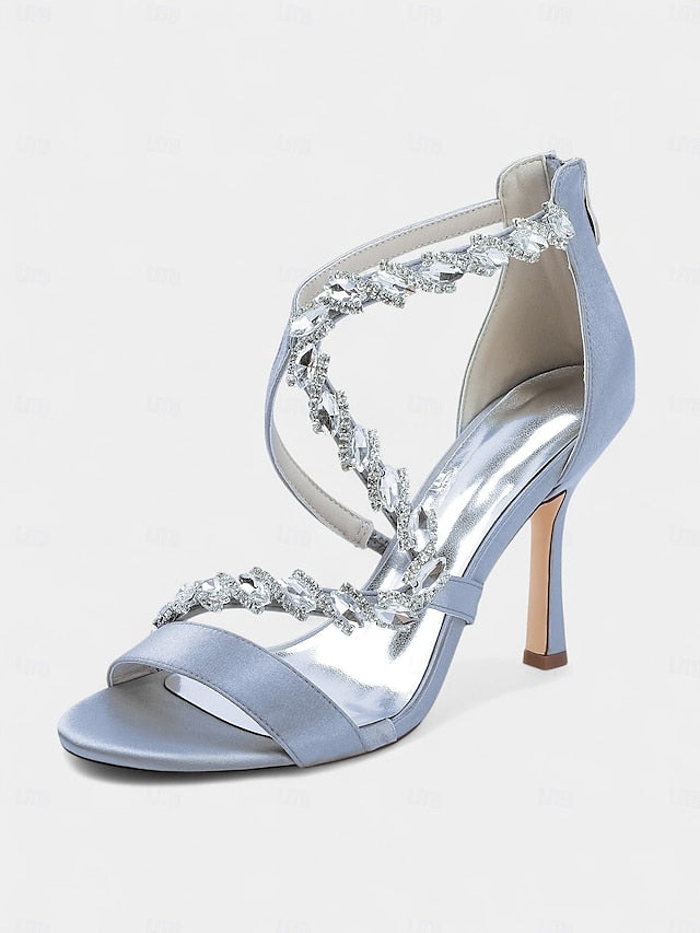 Strappy Rhinestone White Heel Sandals - High Women's