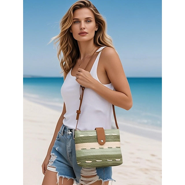 Gestreift mit Tasche Colorblock Damen Stroh gewebt braun Tote