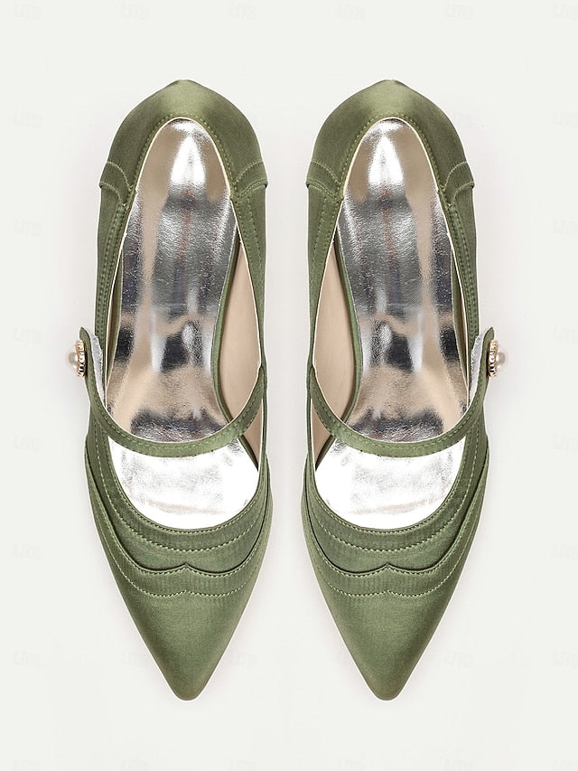 Elegant Green Heels - Button Satin Jane Pearl Mary with