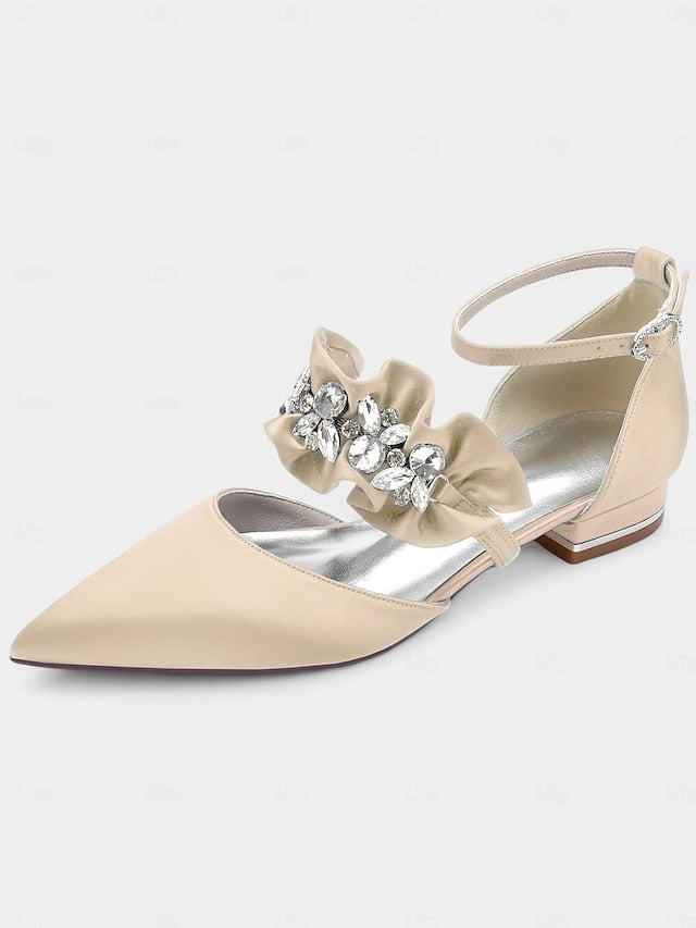 Black Rhinestone Flats Pointed-Toe Satin Women's with