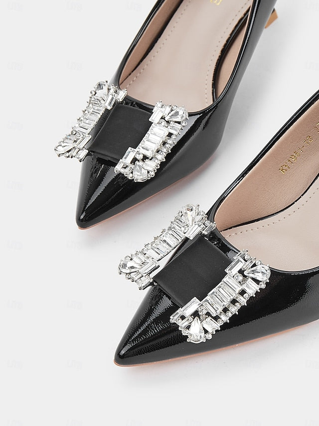 Crystal Women's Embellished Leather Pumps with Patent Black
