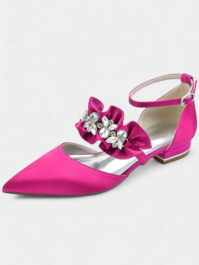 Black Rhinestone Flats Pointed-Toe Satin Women's with