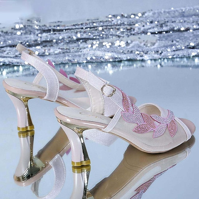 Heeled Sandals Rhinestone White Mesh – Elegant Women's
