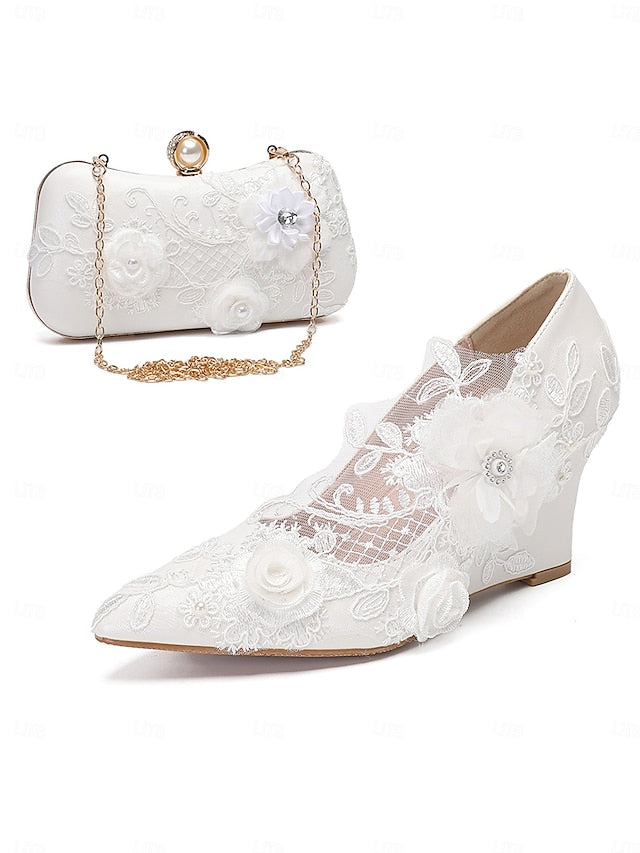 Wedding Shoes White Lace Embellishments with Floral