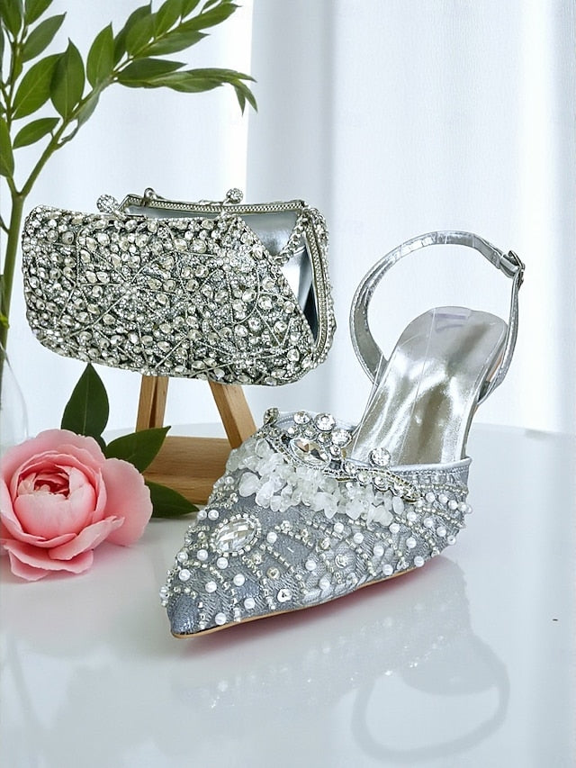Rhinestone Set Shoes Green Bag - Clutch Heel Women's and