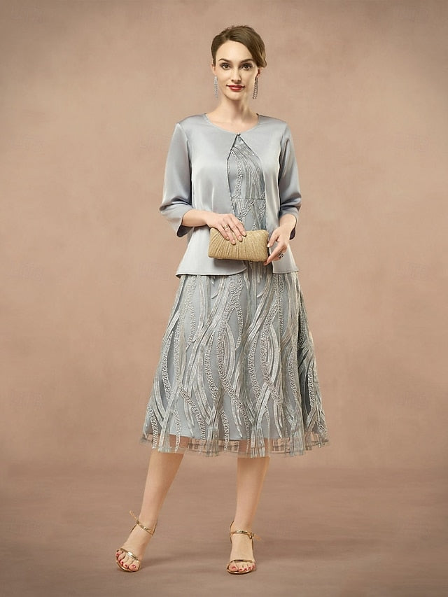 Elegant Pieces the of Mother Two A-Line Dress Neck Bride Jewel