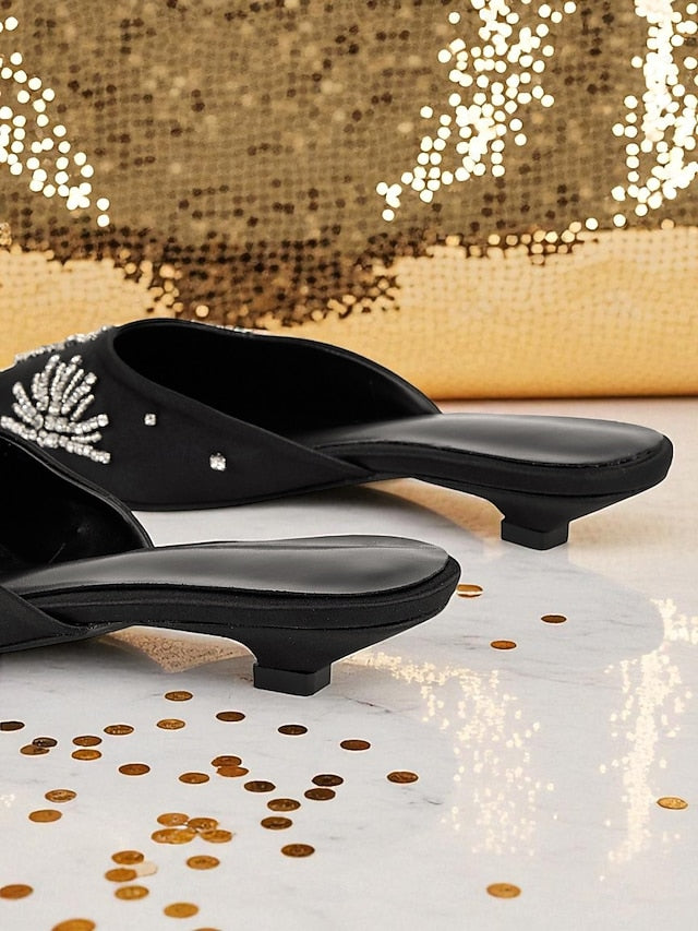 with Women's Mules Rhinestone Toe Pointed Satin Black