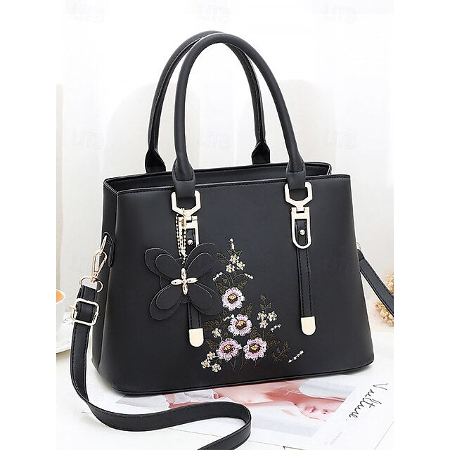 Faux Women's Handbag Embroidery Floral with Leather Green