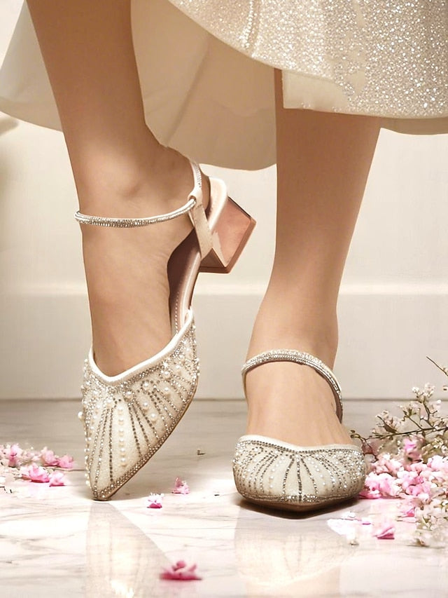 and Pointed Ivory with Toe Pearl Women's Block Heels