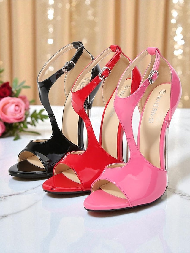 Stiletto Red Leather Strappy - Open Patent Heels Women's