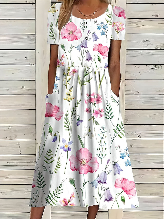 Women's Midi Dress Floral Pocket Print Crew Neck Daily Date