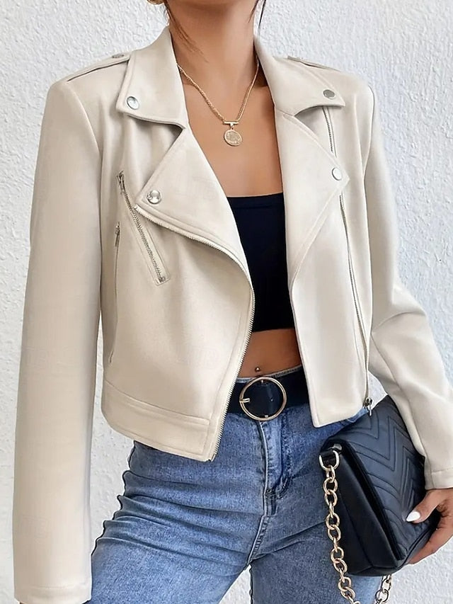 Comfortable Jacket Faux Pocket Women's Leather Zipper