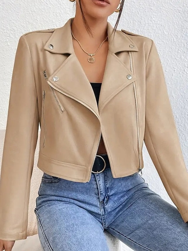 Comfortable Jacket Faux Pocket Women's Leather Zipper